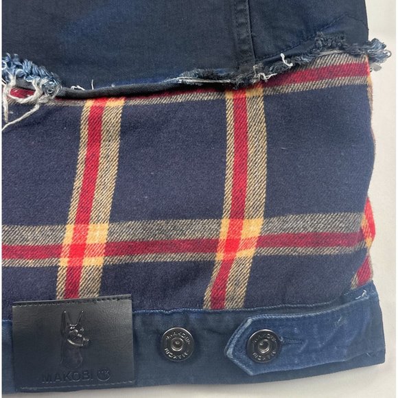 Makobi Mens Small Dark Blue Plaid Zip Denim Jean Sherpa Jacket Distressed M1035 - Picture 10 of 11